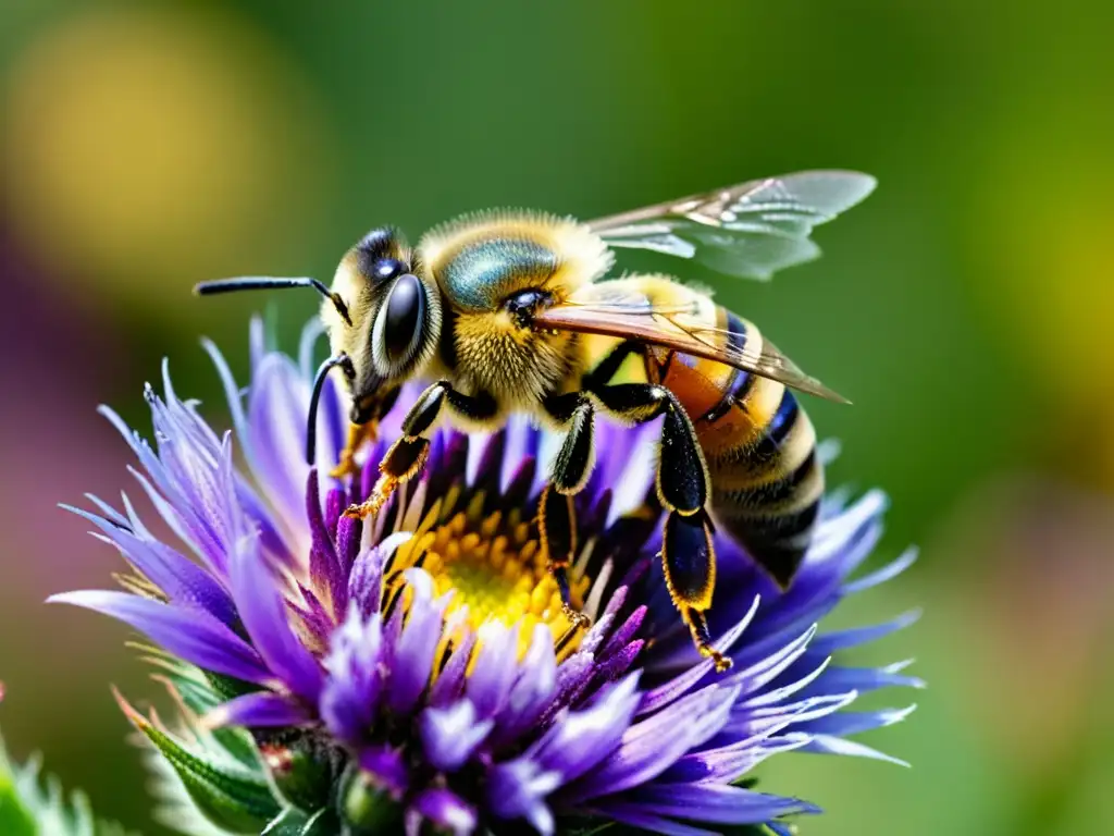 Detalles asombrosos de una abeja cubierta de polen sobre una flor morada Una abeja cubierta de polen dorado, revoloteando sobre una flor morada mientras la luz del sol brilla en sus alas iridiscentes