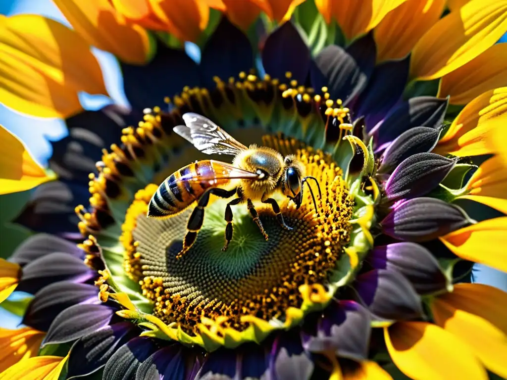Abeja recolectando polen de girasol: detalle asombroso Una abeja recolectando polen de una brillante flor de girasol, destacando los beneficios del polen de abeja para el sistema inmune