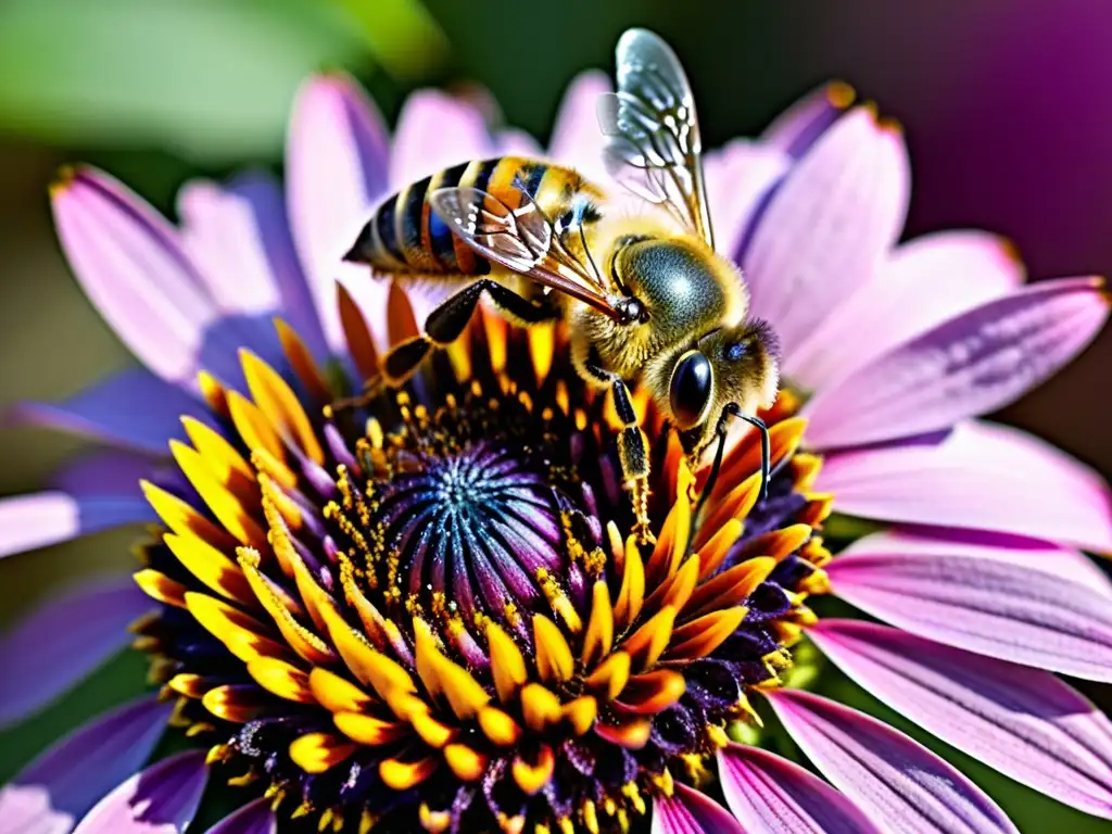 Detalle increíble: Abeja recolectando polen de flor morada Una abeja recolecta polen de una coneflower morada