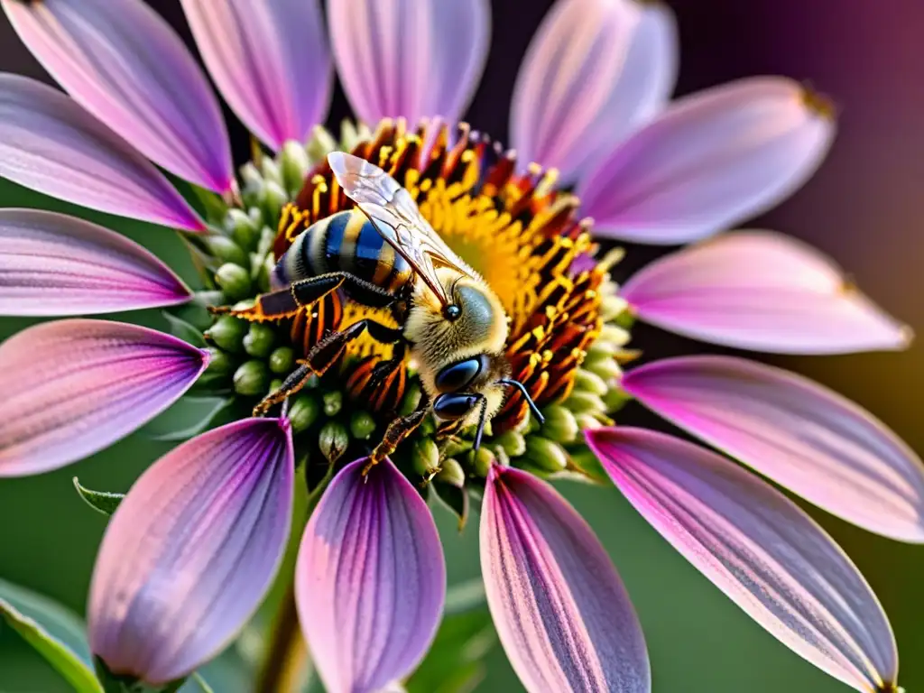 Detalles asombrosos: abeja recolectando polen de una flor púrpura Una abeja recolectando polen de una flor morada, con beneficios del polen de abeja para el sistema inmune
