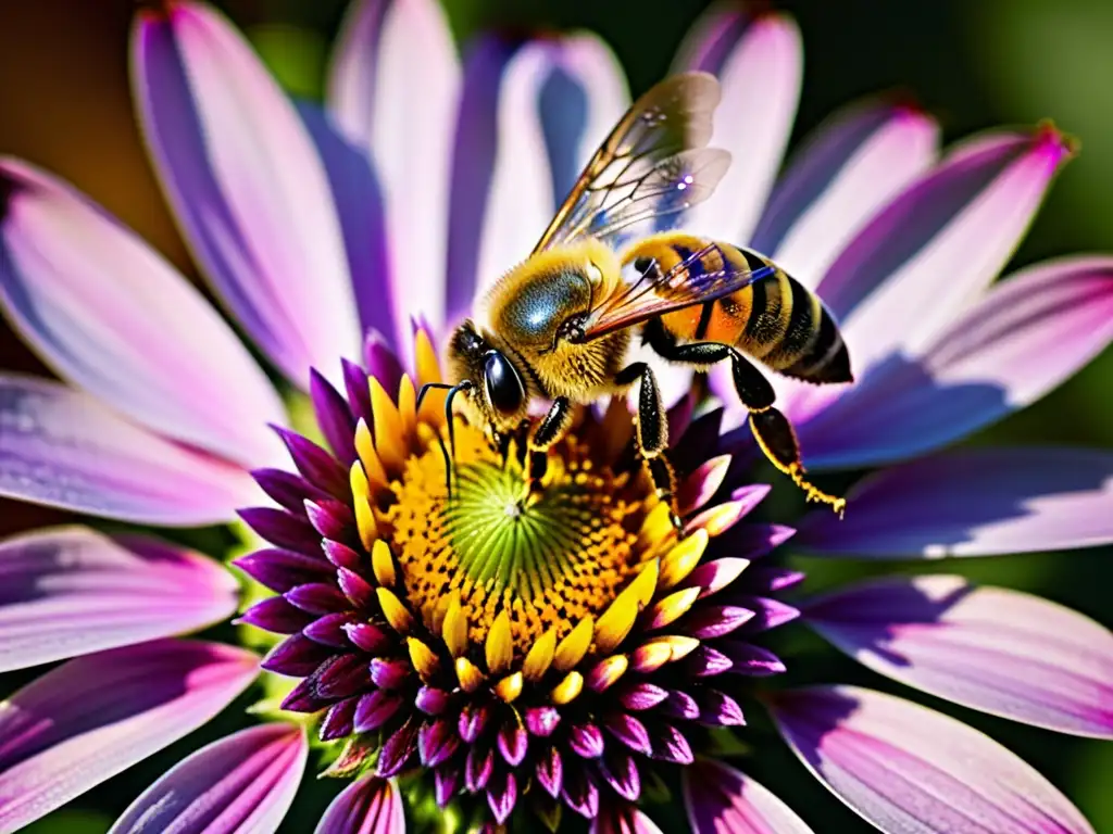Bee collecting pollen from purple coneflower Una abeja recolectando polen de una flor morada, mostrando la belleza natural y la relación simbiótica