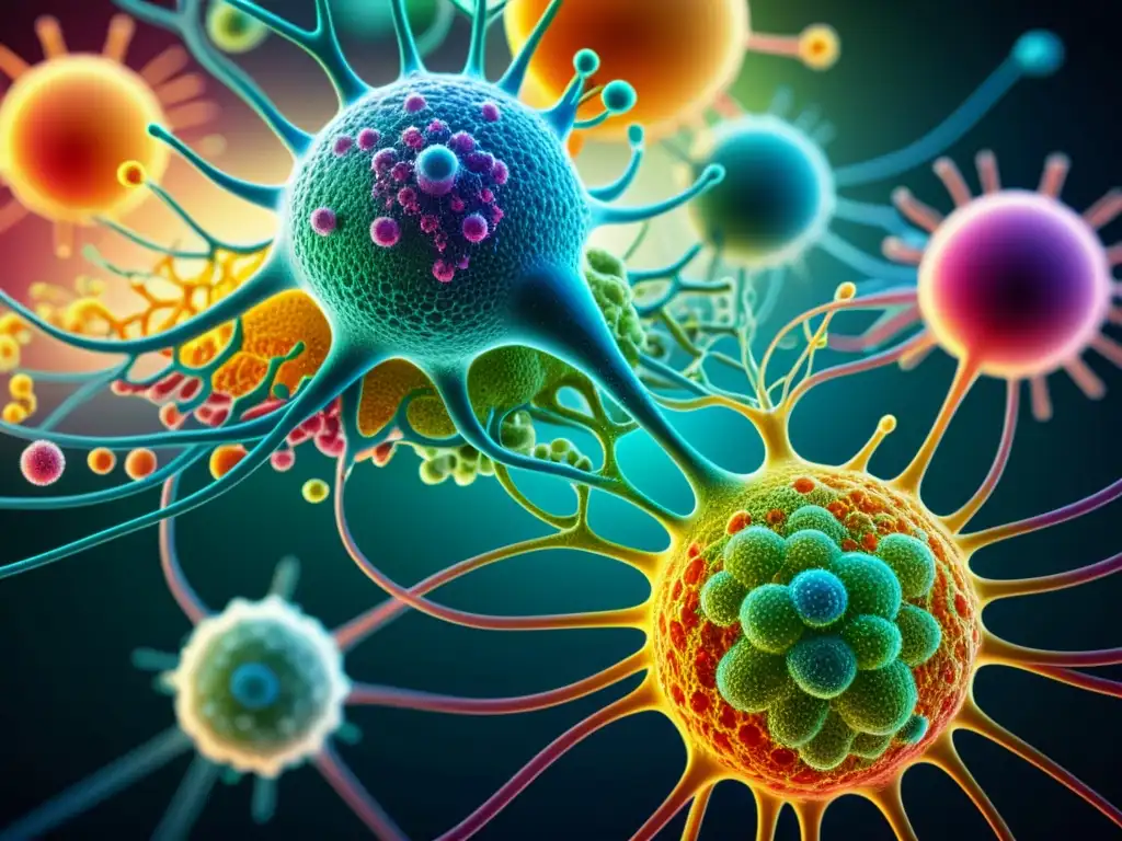 Complejidad inmunitaria en 8k: Red de defensa Una representación abstracta y colorida del sistema inmunológico humano en 8k, destacando la complejidad y sofisticación de la respuesta inmunitaria