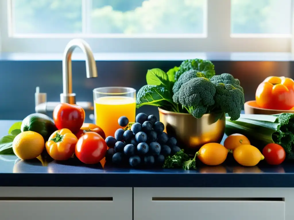 Arcoíris de Nutrición: Frutas y Verduras Frescas en Cocina Moderna Una abundante variedad de frutas y verduras coloridas, bañadas por una suave luz dorada, evocando alimentos funcionales para fortalecer inmunidad