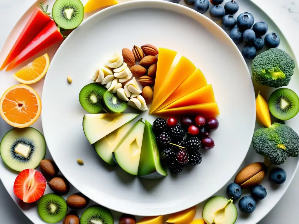 Exuberante variedad de alimentos frescos en plato blanco Una abundante y vibrante variedad de frutas, verduras, frutos secos y semillas dispuestos en un patrón circular en un plato blanco