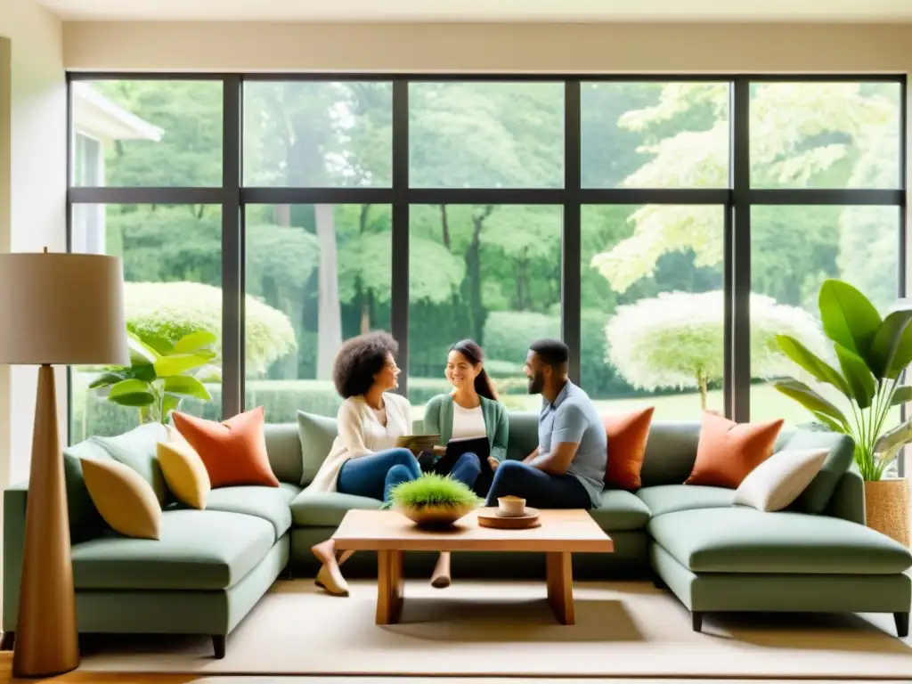 Sala de estar familiar serena y acogedora con vista al jardín Acogedora sala familiar con vista a jardín, fomentando bienestar emocional y vínculos familiares