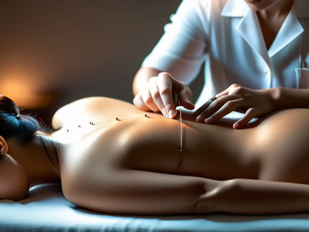 Un acupuntor coloca cuidadosamente agujas en la espalda de un paciente, demostrando una técnica precisa