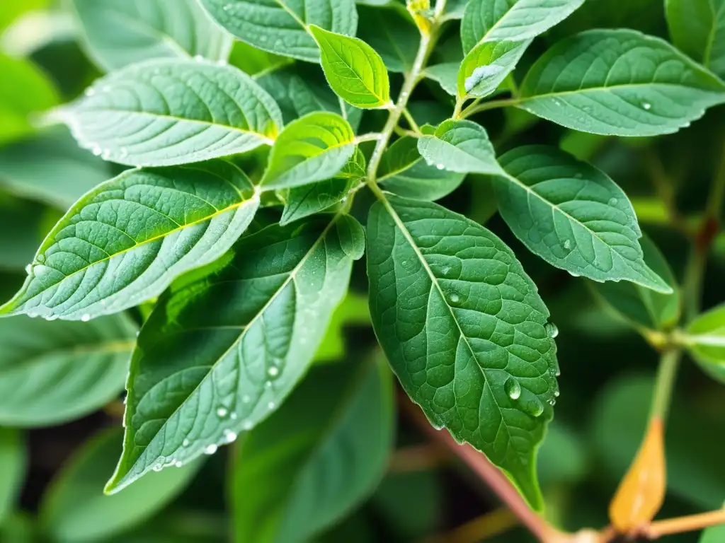 Planta de adaptógeno vibrante con rocío: conexión natural Un adaptógeno vibrante con gotas de rocío, mostrando su belleza natural y fortaleza para fortalecer el sistema inmunológico