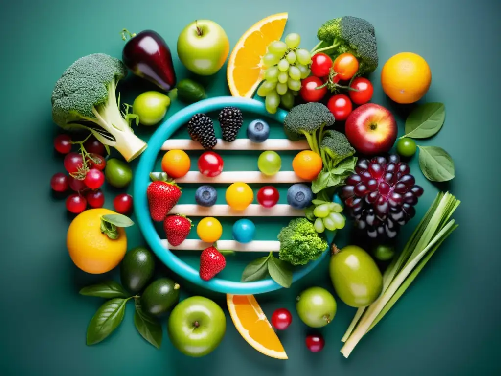 ADN y nutrición: vínculo colorido y vital Un ADN doble hélice entrelazado con frutas y verduras vibrantes, simbolizando la conexión entre la alimentación genética y el sistema inmunológico