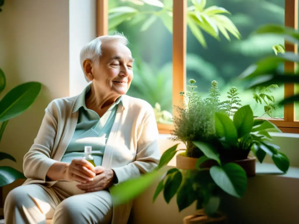 Tratamiento homeopático para la tranquilidad de la tercera edad Un adulto mayor disfruta de los beneficios de la homeopatía en un ambiente tranquilo y sereno, rodeado de plantas verdes exuberantes