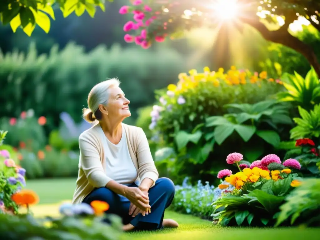 Tranquilidad en el jardín: Bienestar para adultos mayores Un adulto mayor disfruta de la serenidad de un jardín con flores vibrantes, irradiando bienestar