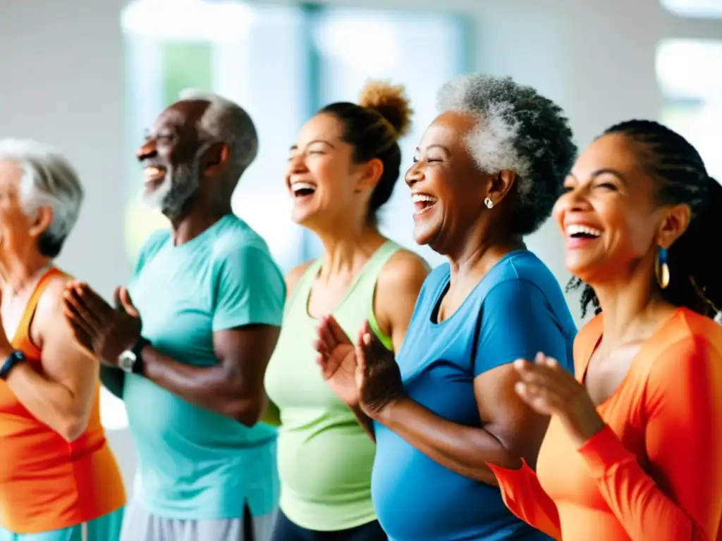 Terapia de risa: Adultos mayores disfrutan de una sesión de yoga enérgica Diversos adultos disfrutan de una sesión de risoterapia, resaltando vitalidad y la importancia de las emociones en el sistema inmunológico