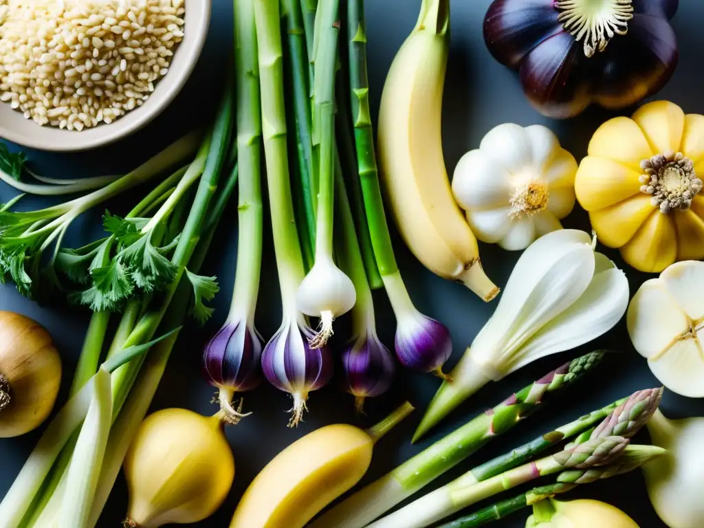 Patrón colorido de alimentos prebióticos Varios alimentos ricos en prebióticos para perder peso, detallados y coloridos en una composición atractiva y vibrante