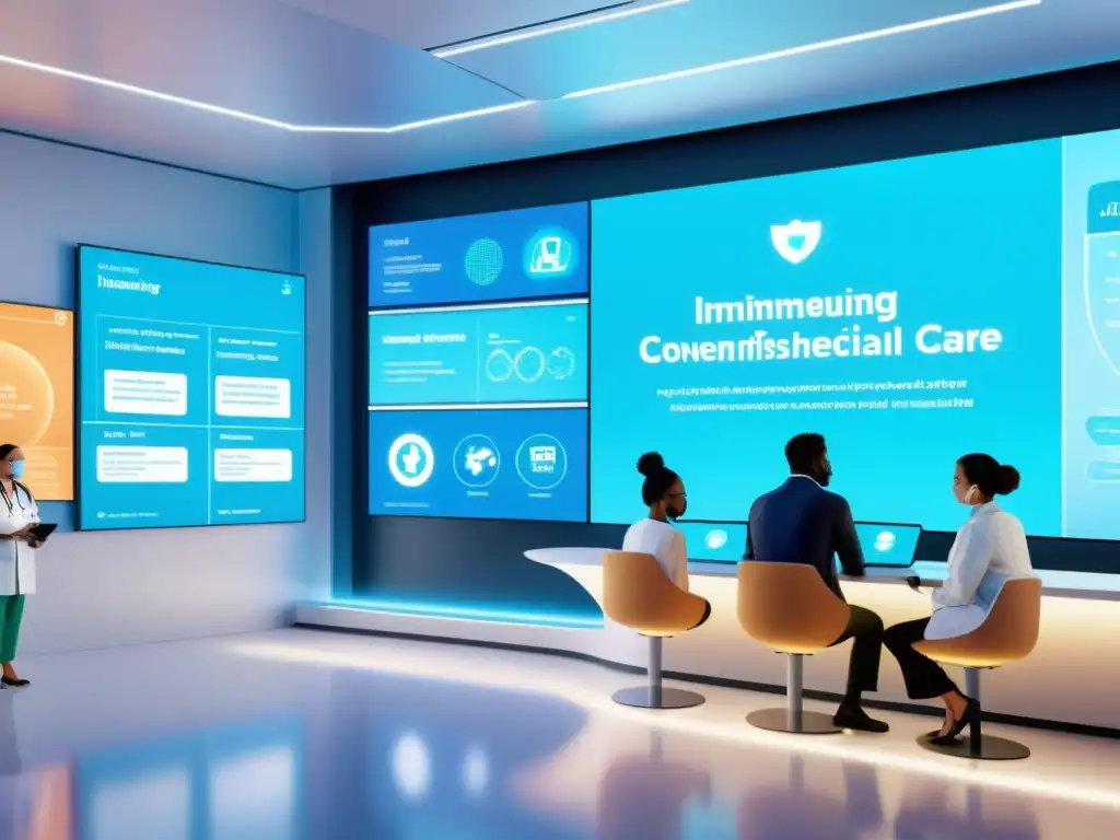 Clínica futurista: atención médica diversa y avanzada Un ambiente futurista y acogedor en una clínica médica, con avanzada tecnología y cuidado médico inclusivo