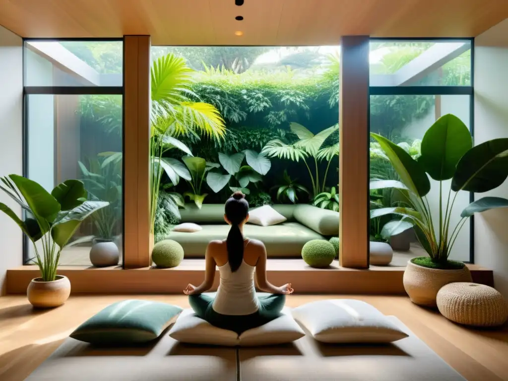 Serenidad en la meditación: conexión con la naturaleza Ambiente sereno de meditación con luz natural y plantas
