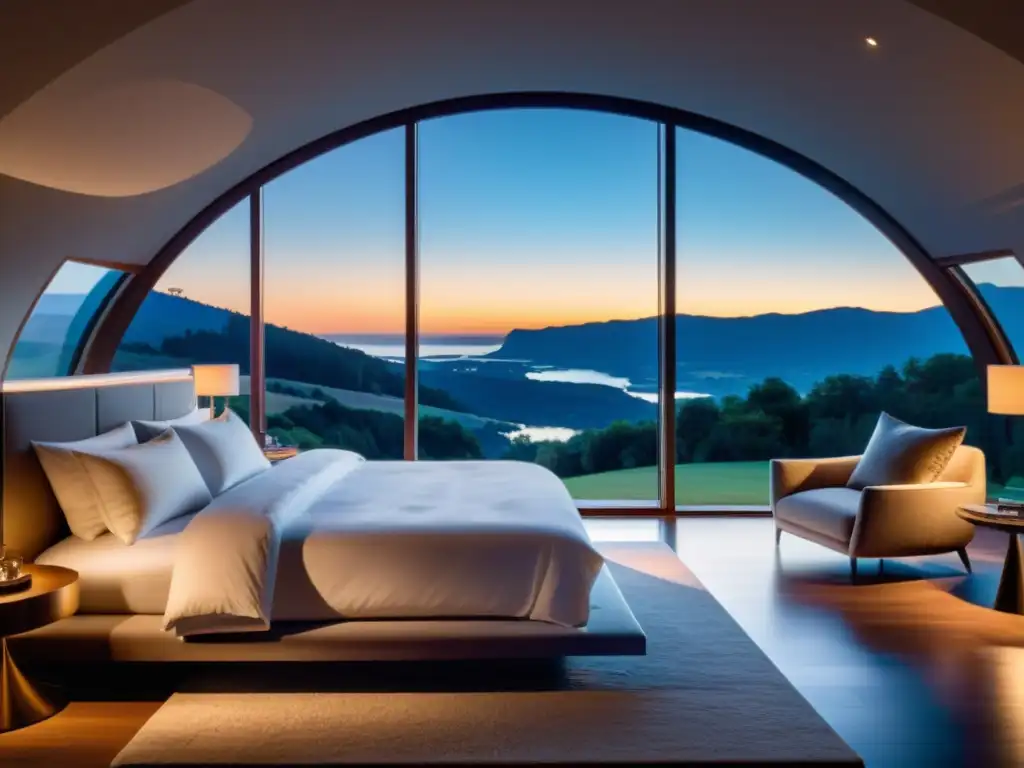 Dormitorio moderno con vista nocturna relajante Amplia habitación moderna con cama lujosa y ambiente tranquilo, resaltando importancia del sueño para inmunidad