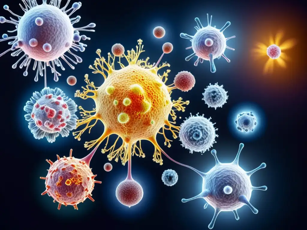Complejidad dinámica del sistema inmune en 8k Anatomía del sistema inmunológico humano: Representación detallada en 8k de células inmunes interactivas con estructuras moleculares complejas