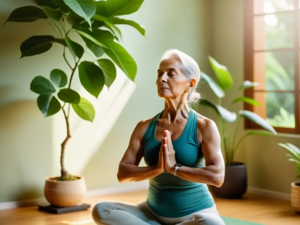 Yoga de la sabiduría: Equilibrio y paz en la vejez Una anciana practica yoga entre plantas verdes en una habitación soleada, demostrando equilibrio y fuerza en la postura del árbol