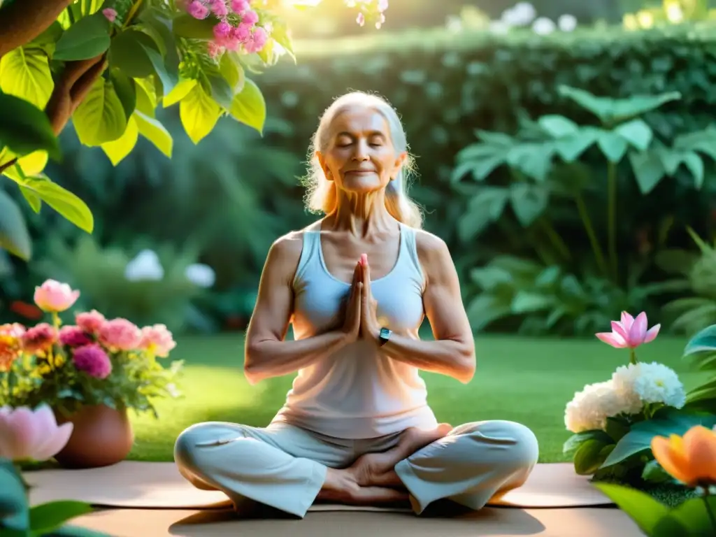 Yoga para la serenidad: mujer mayor en jardín relajante Una anciana practicando yoga en un jardín sereno, rodeada de flores vibrantes y exuberante vegetación, con expresión de paz y serenidad interior