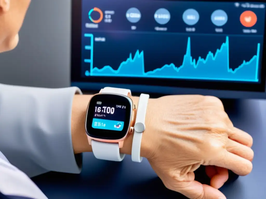 Dispositivo de monitorización de inmunidad para personas mayores Un anciano usa un dispositivo moderno de monitoreo de inmunidad, mostrando datos de salud en un entorno futurista