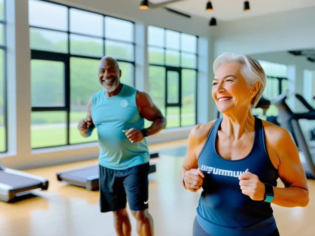 Entrenamiento positivo para adultos mayores en gimnasio espacioso Un anciano feliz haciendo ejercicio con bandas de resistencia en un gimnasio luminoso y espacioso, con un entrenador de fitness brindando apoyo