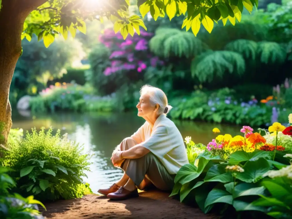 Jardín de serenidad para el bienestar del adulto mayor Un anciano descansa en un jardín sereno rodeado de flores vibrantes y exuberante vegetación