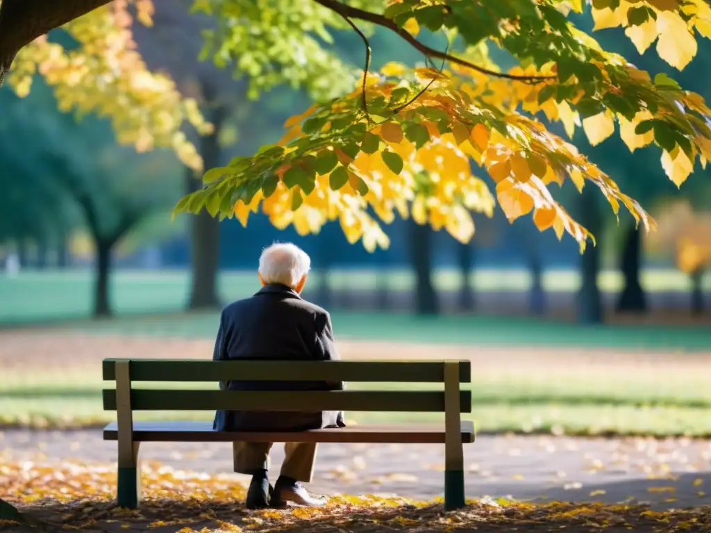 Un anciano reflexiona en soledad en un banco del parque, rodeado de hojas otoñales