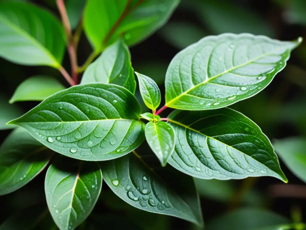 Andrographis propiedades inmunoestimulantes: Detalle de hojas verdes vibrantes con finas venas, vellosidades y gotas de rocío, iluminadas por el sol