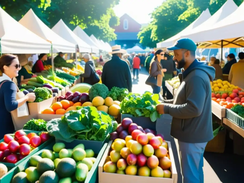 Un animado mercado con diversidad de personas comprando frutas y verduras frescas, promoviendo la nutrición para fortalecer el sistema inmunológico