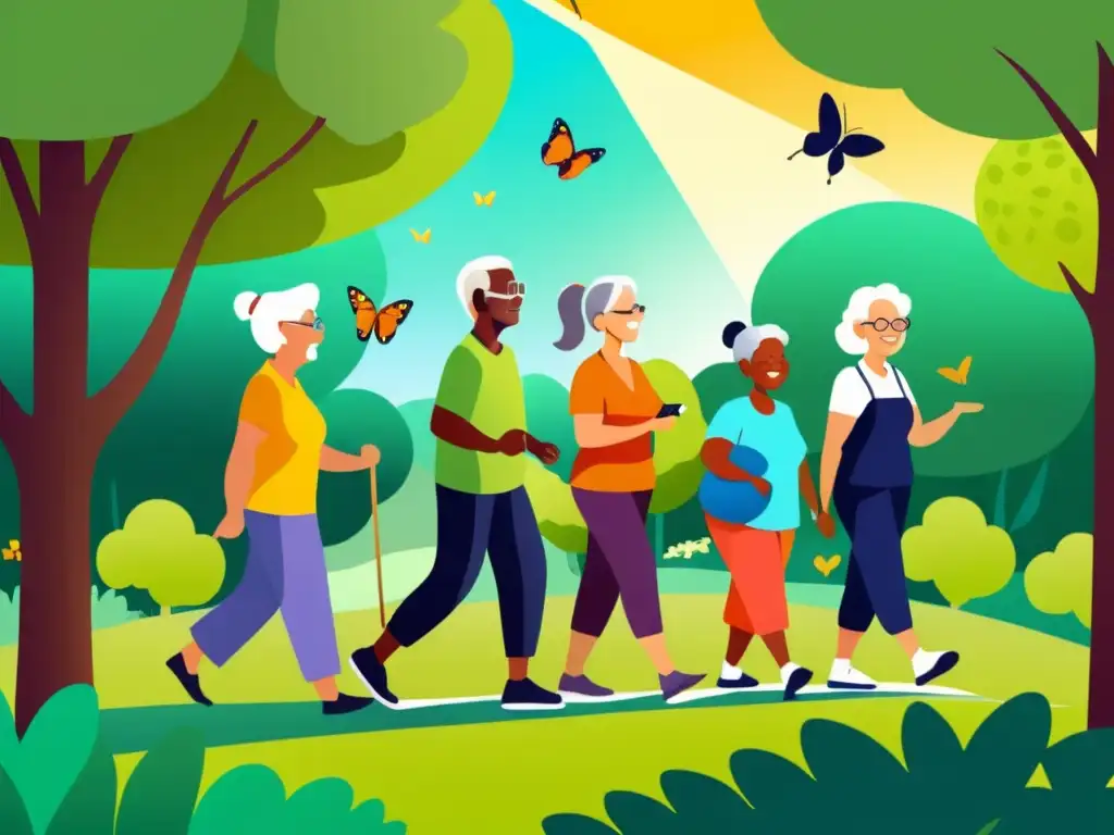Retiro activo: Seniors disfrutan la vida al aire libre Un animado retrato ilustrado de un diverso grupo de personas mayores participando en actividades al aire libre en un exuberante parque verde