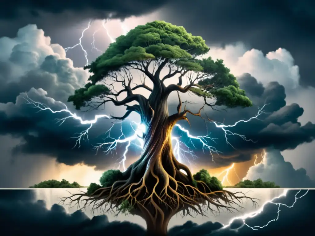 Árbol de resiliencia desafiando la tormenta Árbol de pie en la tormenta, raíces firmes, mostrando resiliencia emocional frente a la adversidad