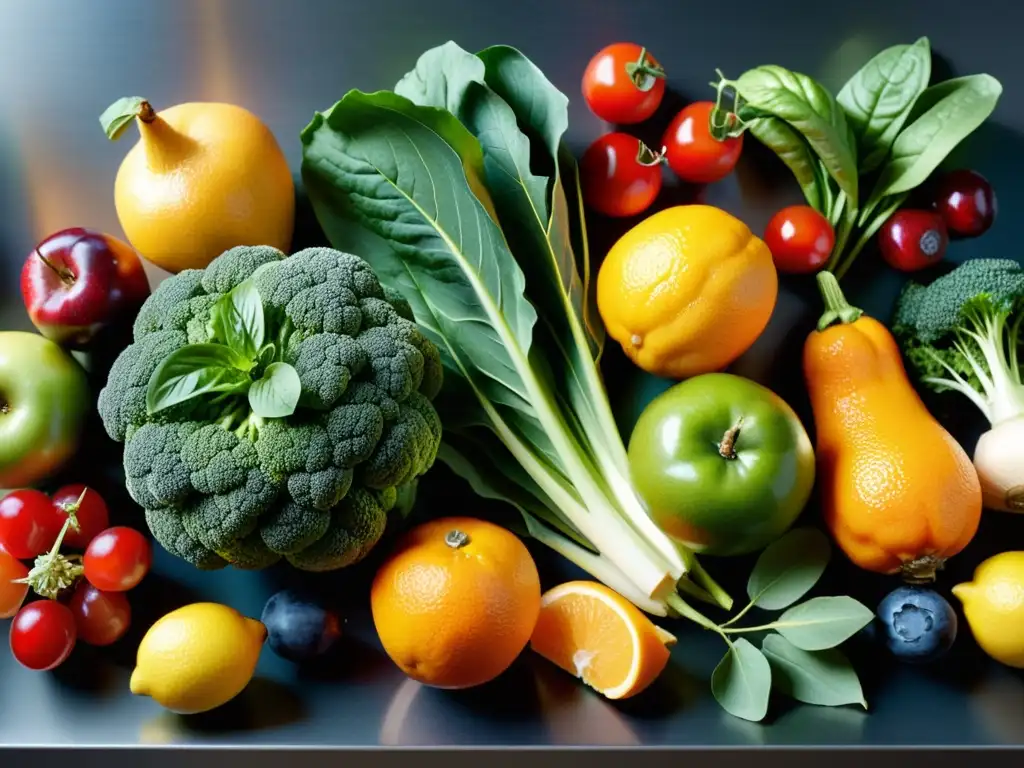 Frescura vibrante: Detox y vitalidad en frutas y verduras Un arcoíris de frutas y verduras frescas en una cocina moderna