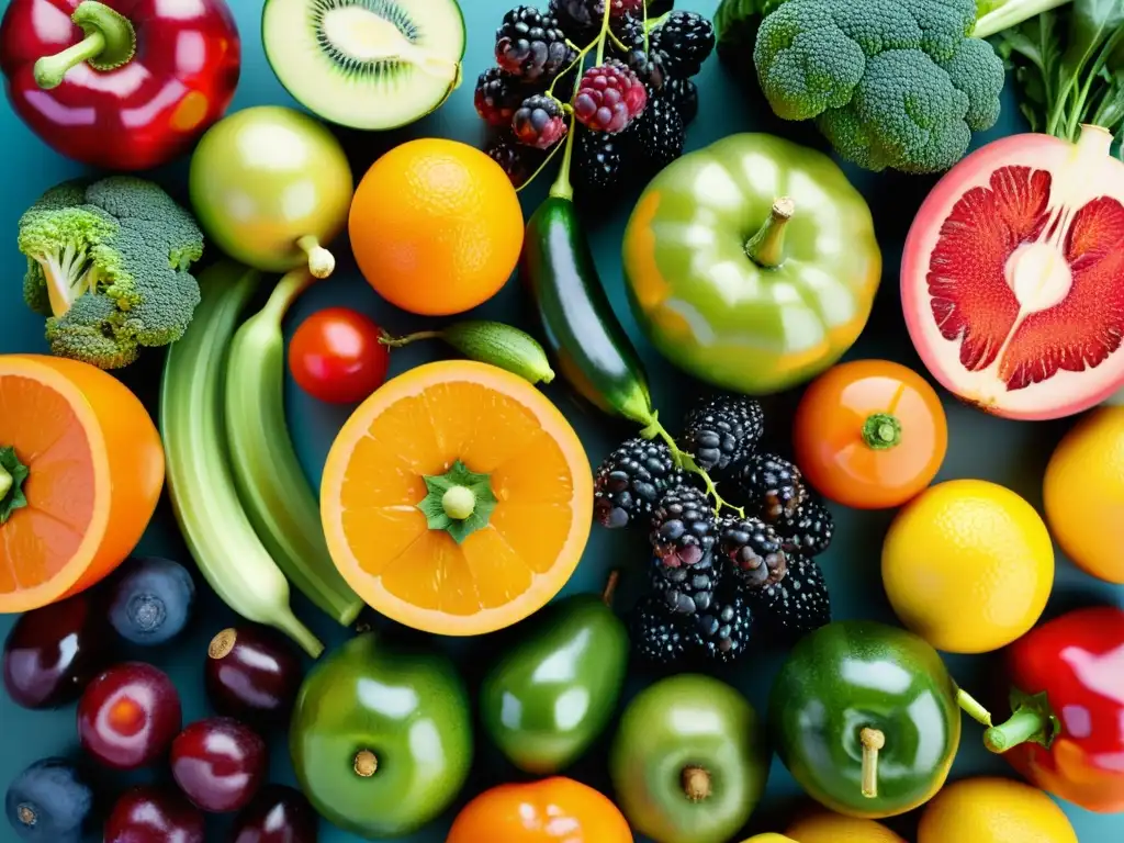 Exuberante variedad de frutas y verduras frescas Una armoniosa y vibrante variedad de frutas y verduras frescas, organizadas con esmero, exudando vitalidad y nutrición para el sistema inmune