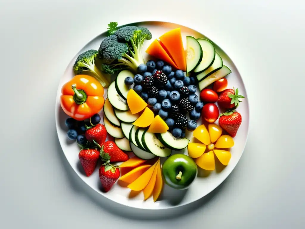 Exquisita exhibición de frutas y vegetales: colores vibrantes y frescura Arreglo circular de frutas y verduras coloridas con gotas de agua, destacando la importancia de antioxidantes en sistema inmunológico