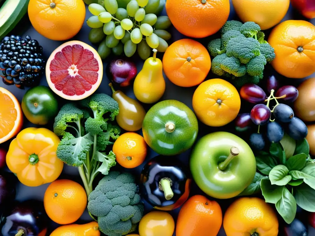 Arcoíris de Nutrientes: Frutas y Verduras Frescas para una Inmunidad Fuerte Arreglo simétrico de frutas y verduras frescas y coloridas para suplementos refuerzo inmunitario estudiantes exámenes