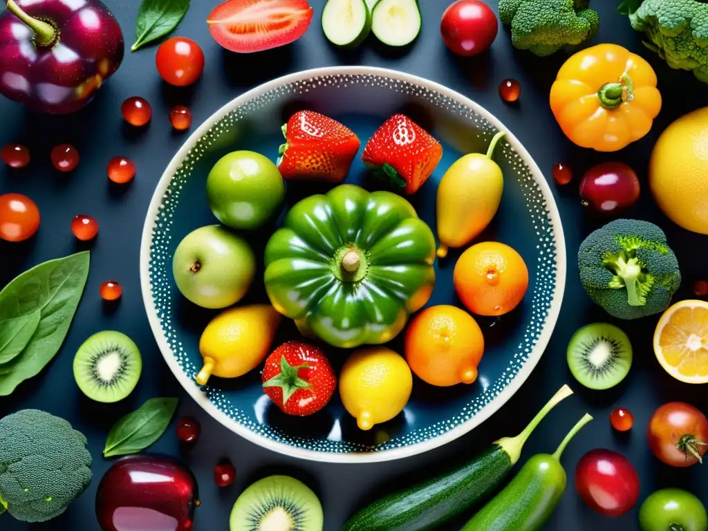 Arreglo simétrico de frutas y verduras frescas con gotas de agua para fortalecer sistema inmunológico niños