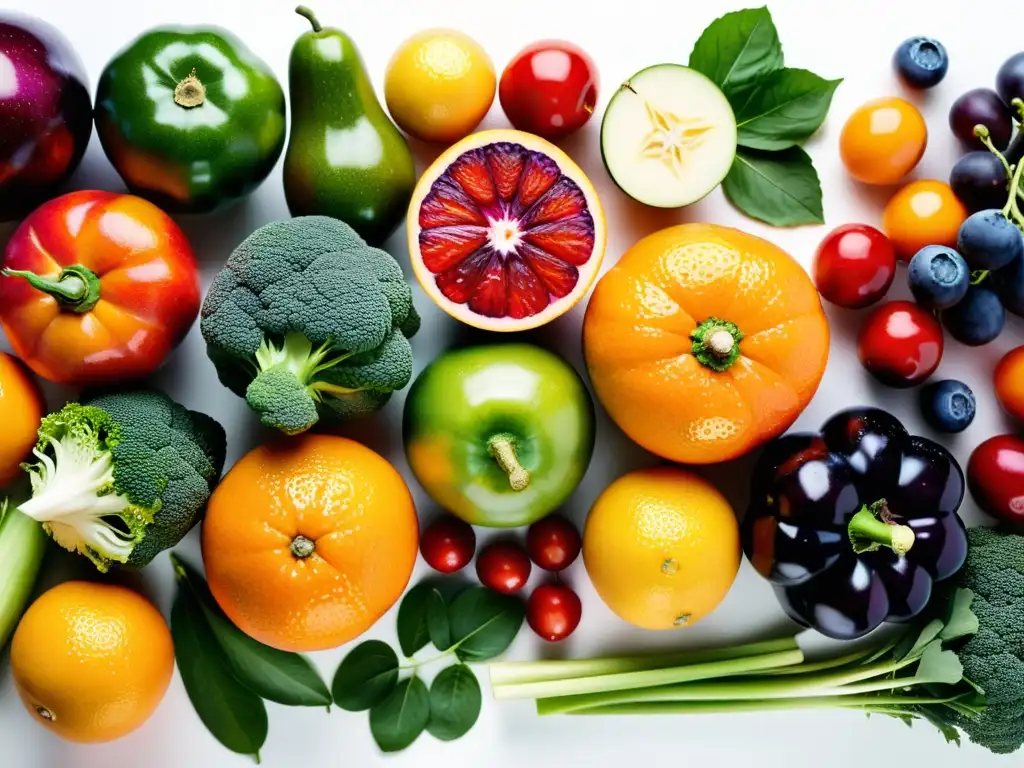 Un arreglo simétrico de frutas y verduras frescas y coloridas