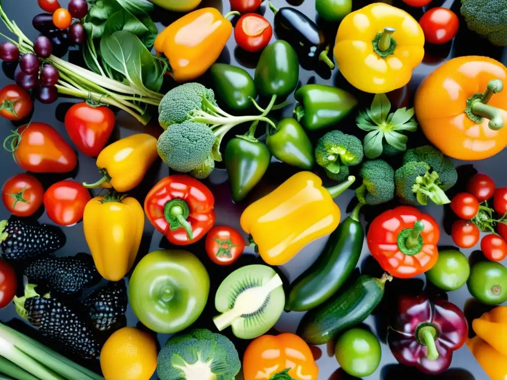 Arcoíris de Frutas y Verduras Frescas: Salud y Vitalidad Un arreglo vibrante y detallado de frutas y verduras frescas, perfectas para fortalecer el sistema inmunológico