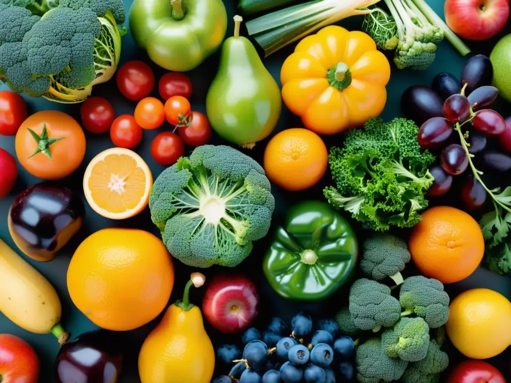 Nutrientes inmunitarios: explosión de colores y frescura Arreglo vibrante de frutas y verduras, vitalidad y nutrición para fortalecer sistema inmunológico