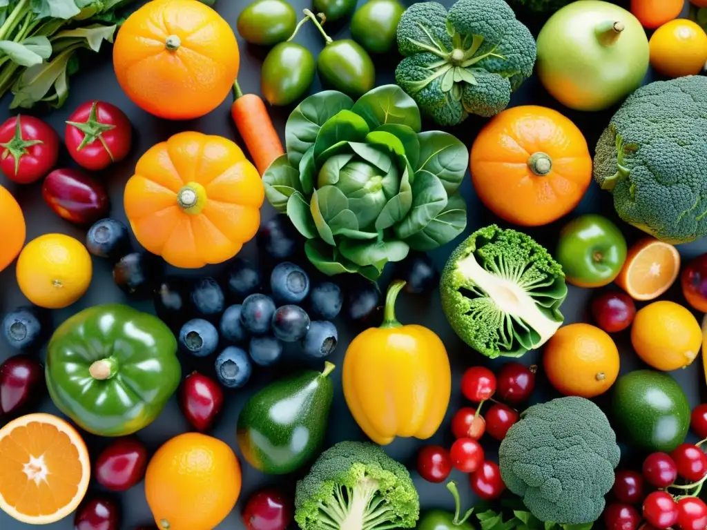 Patrón vibrante de frutas y verduras frescas para una salud óptima Arreglo vibrante de frutas y verduras frescas