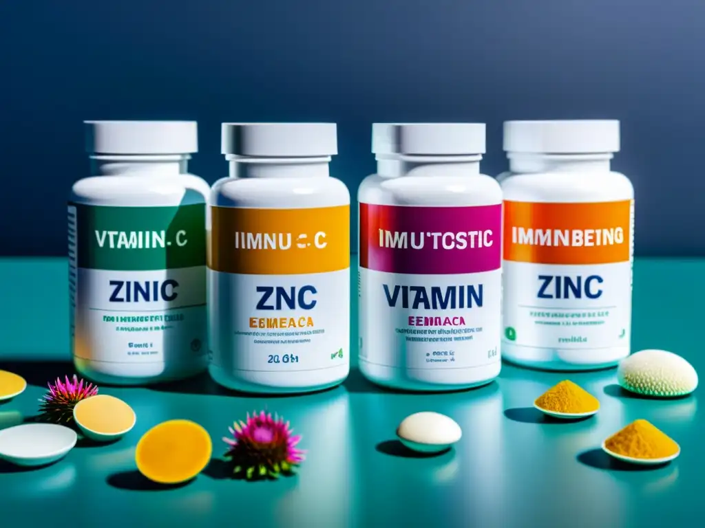 Suplementos inmunoestimulantes: colores vibrantes y beneficios de la salud Arreglo vibrante de suplementos para fortalecer sistema inmunológico en superficie reflectante