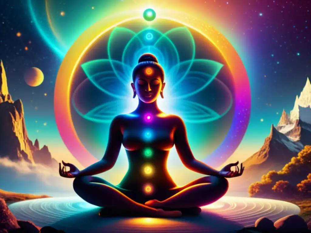 Ilustración digital: Meditación con chakras vibrantes Arte digital detallado con chakras y sistema inmunológico en equilibrio, sereno y vibrante