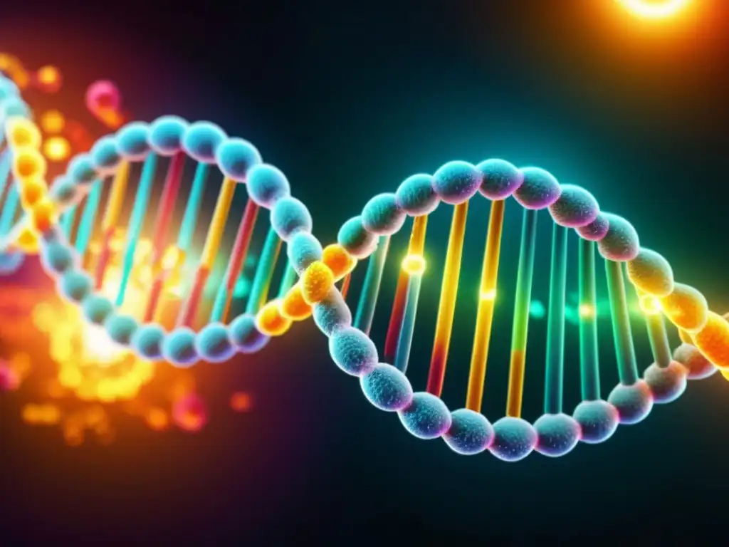 Una asombrosa imagen 8k de una colorida cadena de ADN entrelazándose con vibrantes células del sistema inmunológico, resaltando la relación entre la genética y el sistema inmunológico