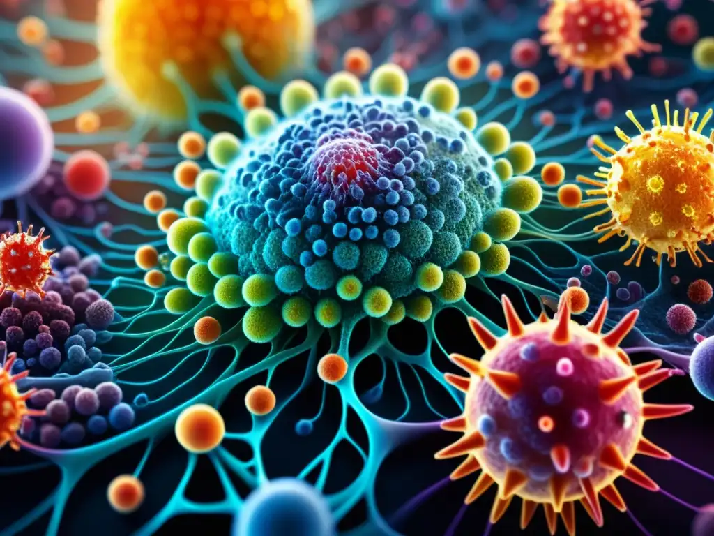 Increíble vista detallada del sistema inmune humano Una asombrosa representación detallada del sistema inmunológico humano, con células, anticuerpos y patógenos en una compleja red