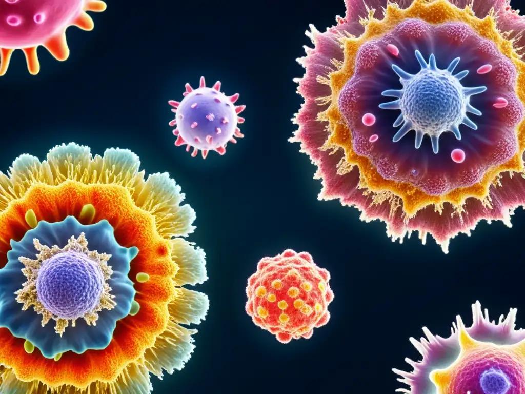 Un asombroso y detallado closeup de células inmunes, interactuando en un microentorno dinámico