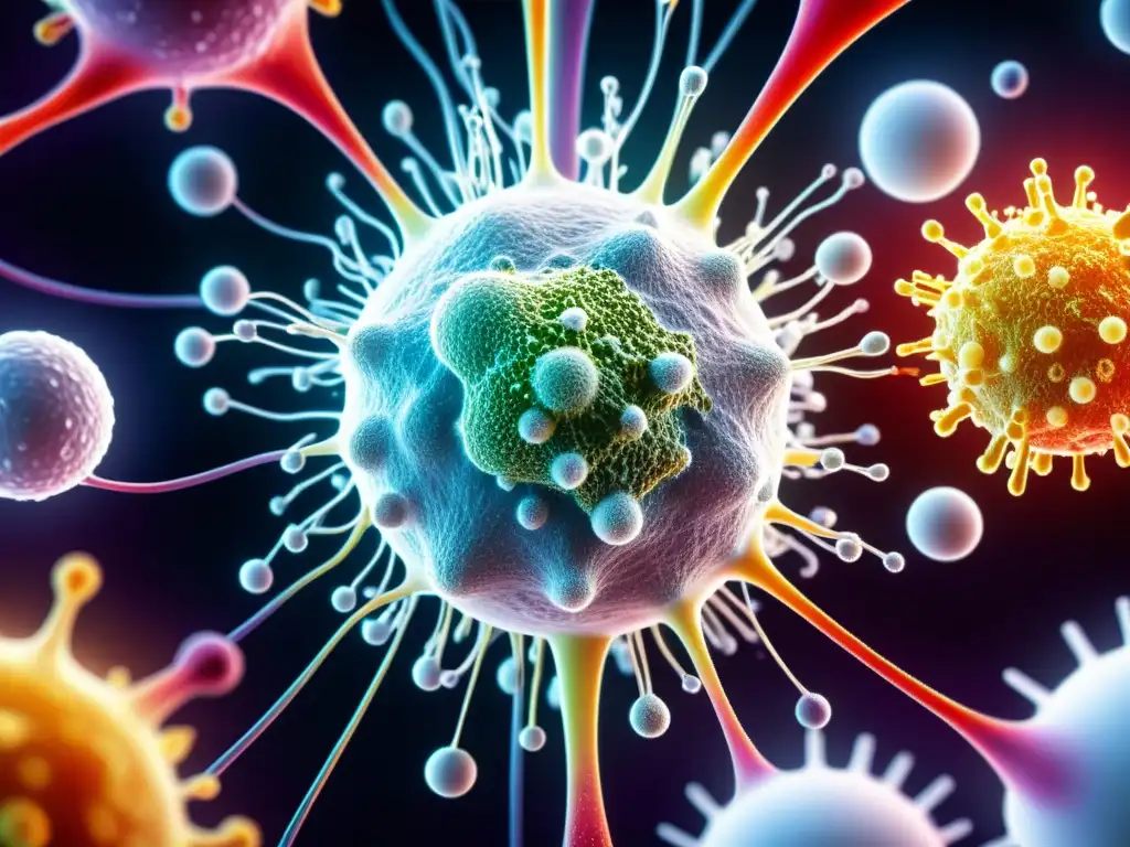 Un asombroso y detallado close-up del sistema inmunológico humano atacando un virus