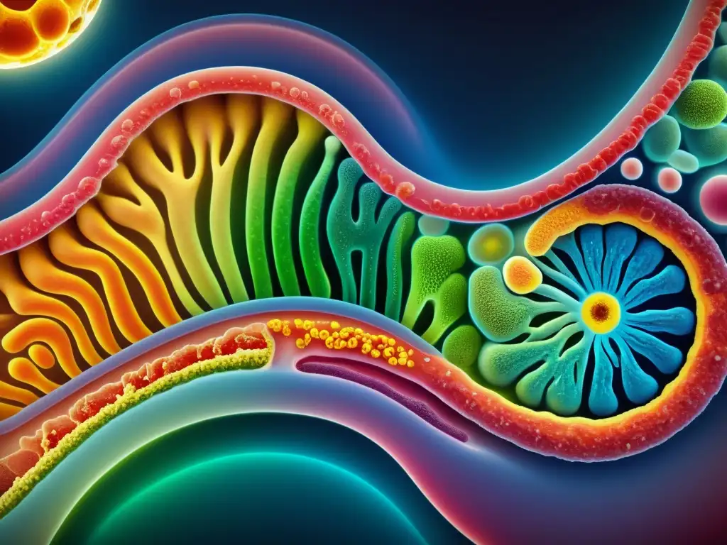 Microbiota intestinal: impacto del cambio climático Descubre el asombroso microbioma y sistema inmunológico en esta detallada imagen del intestino humano