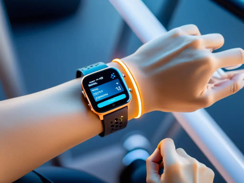 Monitoreo Inmune Futurista en Ejercicio Un atleta usando un dispositivo wearable de alta tecnología para medir su respuesta inmune durante el ejercicio