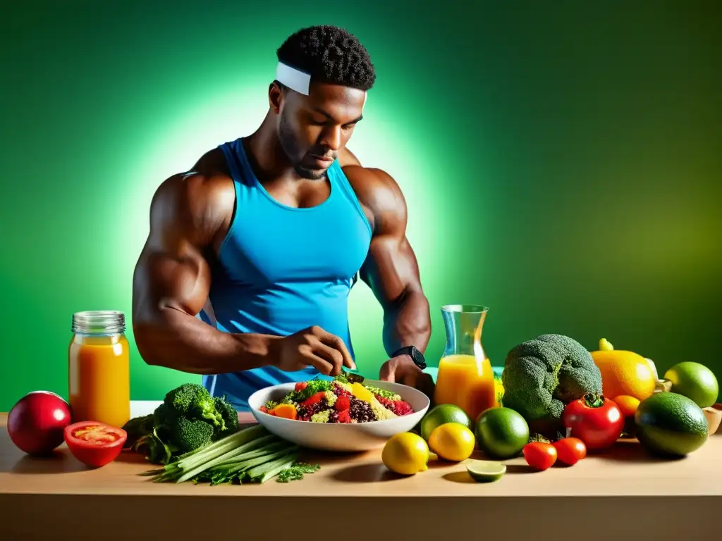 Preparación de comida balanceada por atleta profesional Un atleta profesional prepara con cuidado una comida balanceada y colorida, resaltando la importancia de la nutrición deportiva para el sistema inmune
