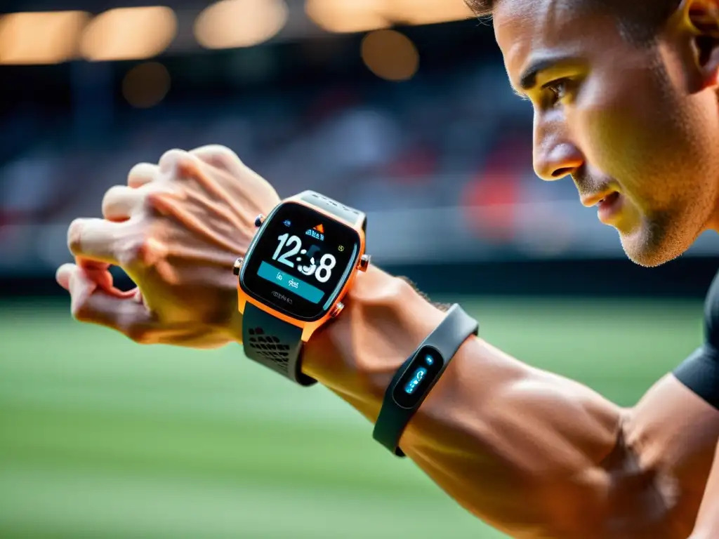 Monitoreo inmune en tiempo real durante ejercicio de alto rendimiento Un atleta profesional usa un dispositivo wearable que muestra datos en tiempo real de la respuesta inmune durante el ejercicio de alto rendimiento