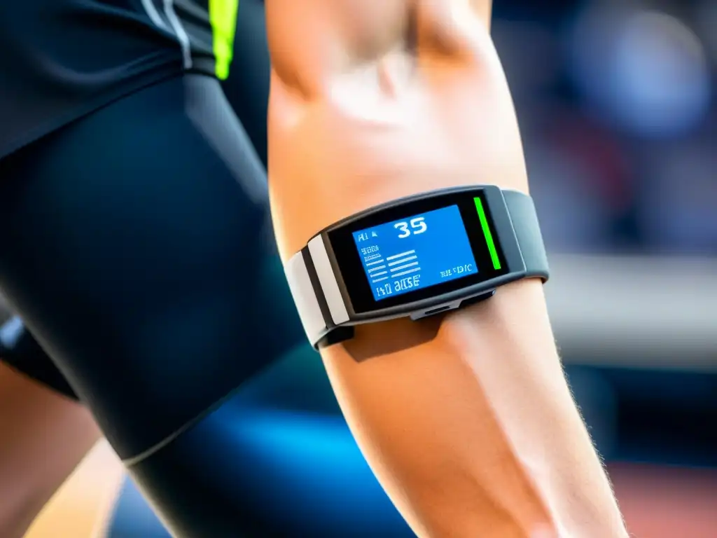 Un atleta profesional con monitor de lactato, destacando la importancia del lactato en sistema inmunológico en el deporte de élite